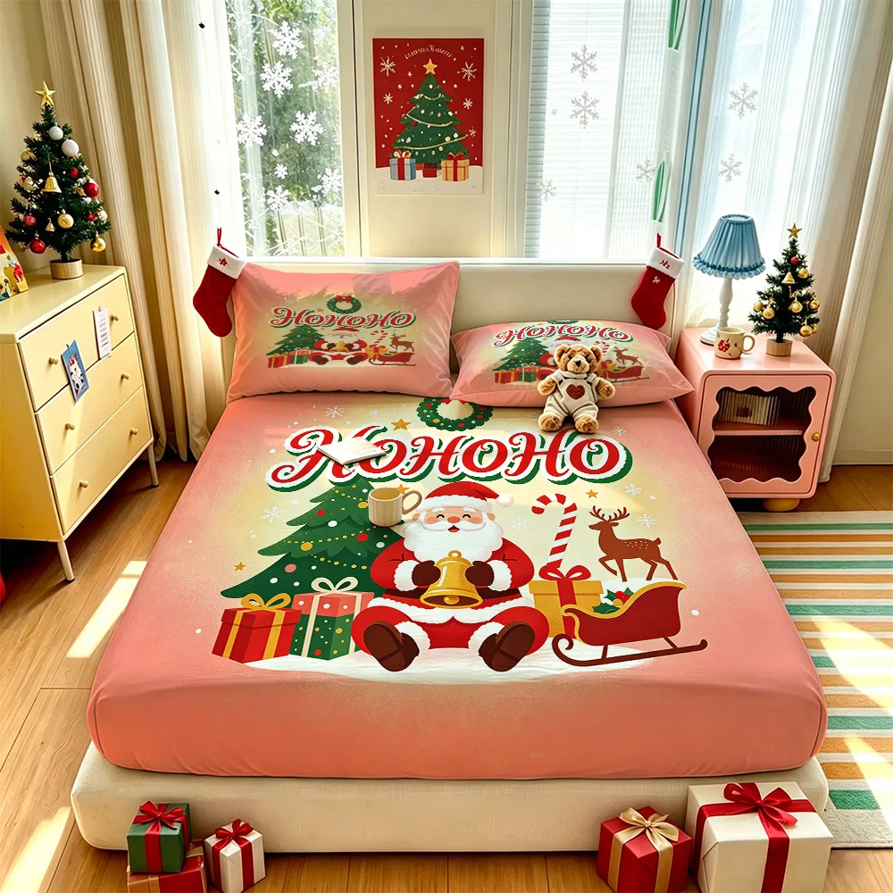 3PCS Santa Claus HOHOHO Sleigh Gift Bedding Set 1 Bedspread 2 Pillowcases No Insert Soft Machine Washable Christmas Bedroom H