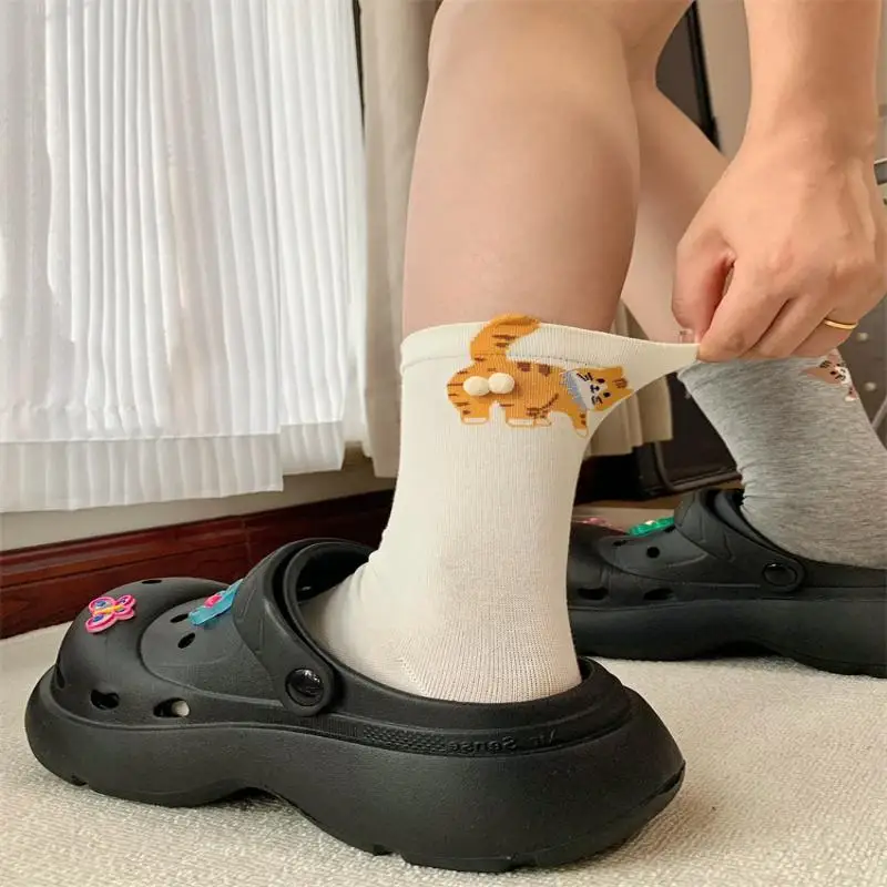 

{MX} Funny Cat Egg Mid Calf Socks For Women 3D Cute Csrtoon Cat Soft Warm Socks Breathable Sports Socks