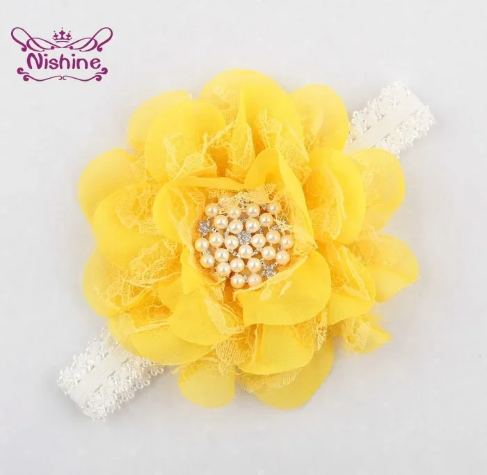 1PCS Cute Lace Chiffon Flower with Pearl Rhinestone Button Center Elastic Kids Girls Headband Party Birthday Gift Headwear