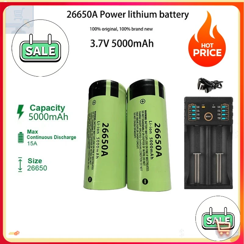 ❤️High Quality 26650 Battery 5000mAh 37V 50A Lithium Ion Rechargeable Battery, Suitable for LED Flashlights + Chargers and DIY*;