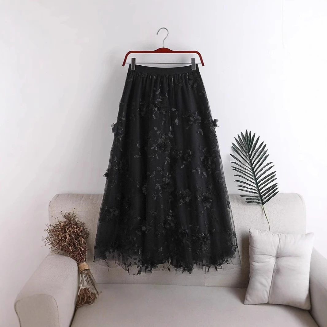 Mesh Embroidery Flower Heavy Industry Skirt 2026 Spring New A Character Cute High Waist Dress