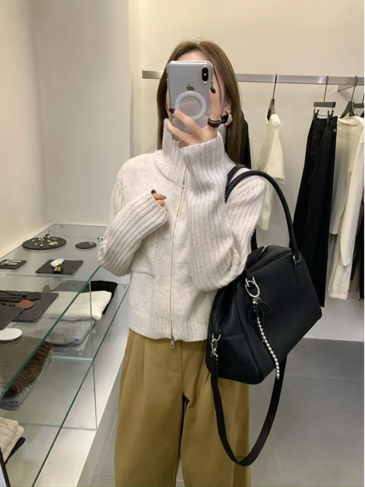 아메리칸 슬레 레트로 레이지 더블 지퍼 니트 하이 칼라 스웨터 코트 여성용 가을 겨울 신상 안티에이징 트렌디