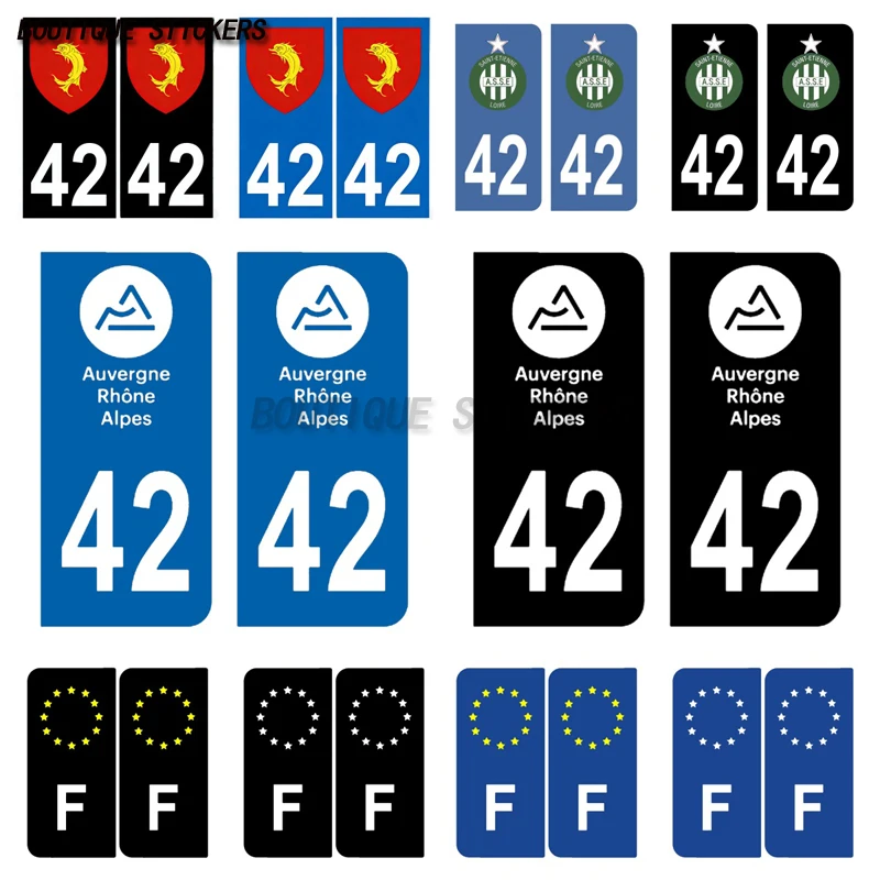2 pegatinas de PVC para matrícula de vehículo todoterreno, con insignia de la región autónoma de Loire 42, color negro/azul, departamento F42