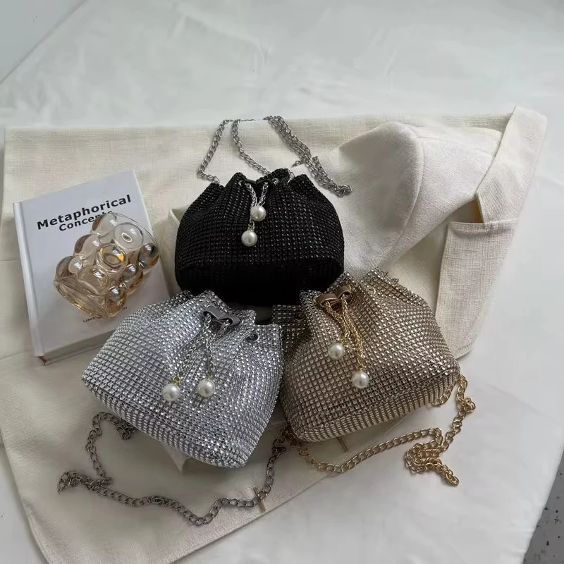 Women Fashion Diamonds Rhinestone Bucket Bags Retro Pearl Chain Ladies Shoulder Bags Shiny Small Crossbody Bags Female Handbags