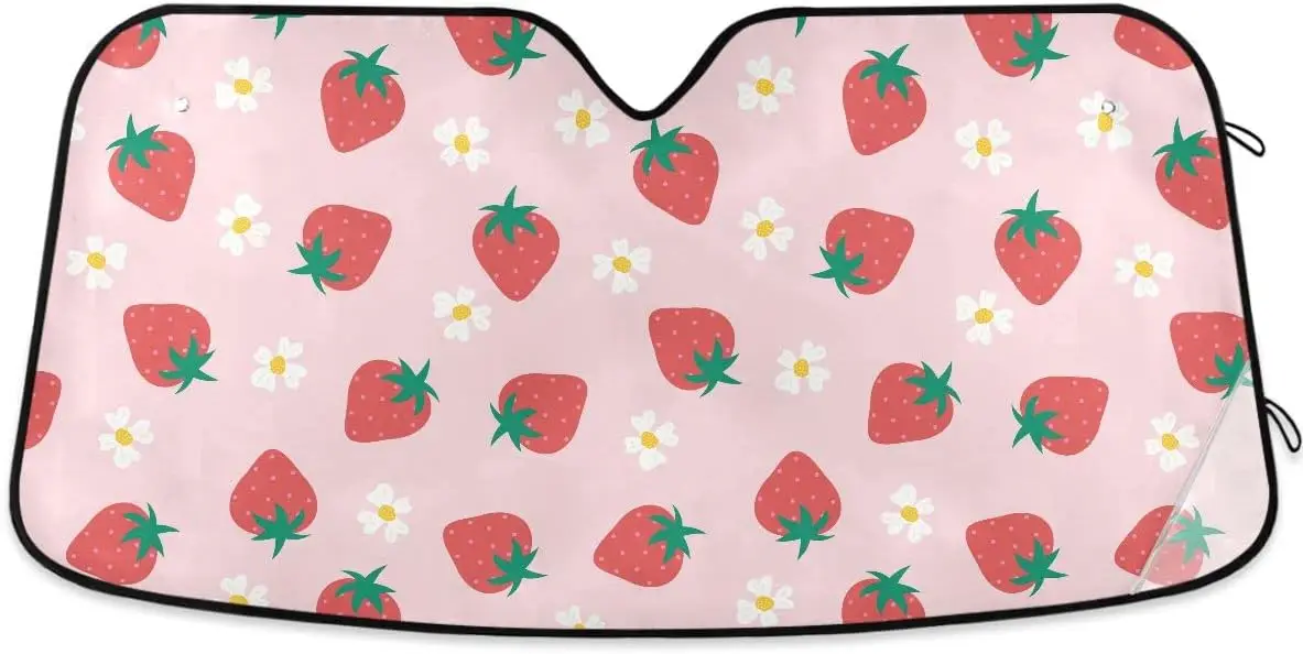 

Pink Strawberry Flowers Car Windshield Sun Shade Women Girls Car Sun Visor for UV Rays and Sun Heat Protection Summer Fruits Blo