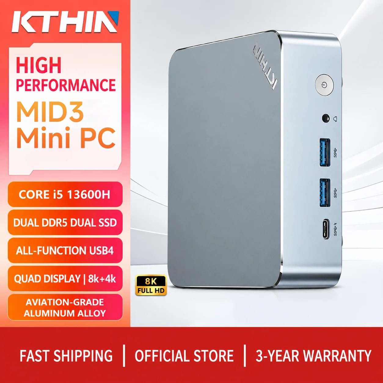 KTHIN MID3 Mini PC Intel i5-13600H Mini Desktop Computers Dual DDR5 Dual SSD Fully Functional USB4 8k+4k Display WIFI6E BT5.2