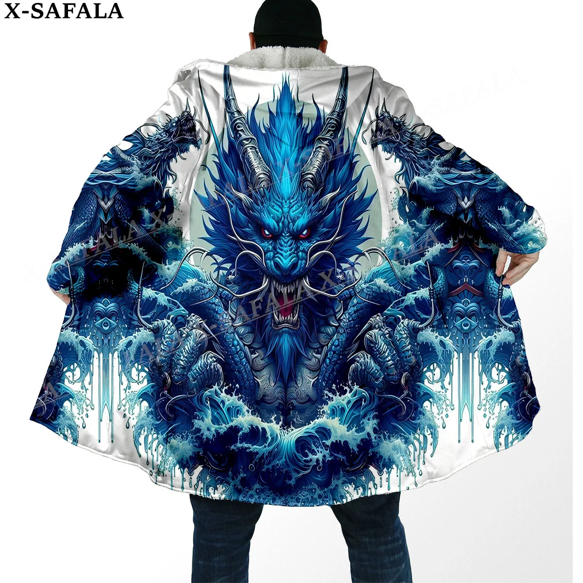 Chinese Myth Dragon Spirit Totems Arts Thick Warm Hooded Cloak Men Overcoat Coat Windproof Fleece Cape Robe Hooded Blanket-11