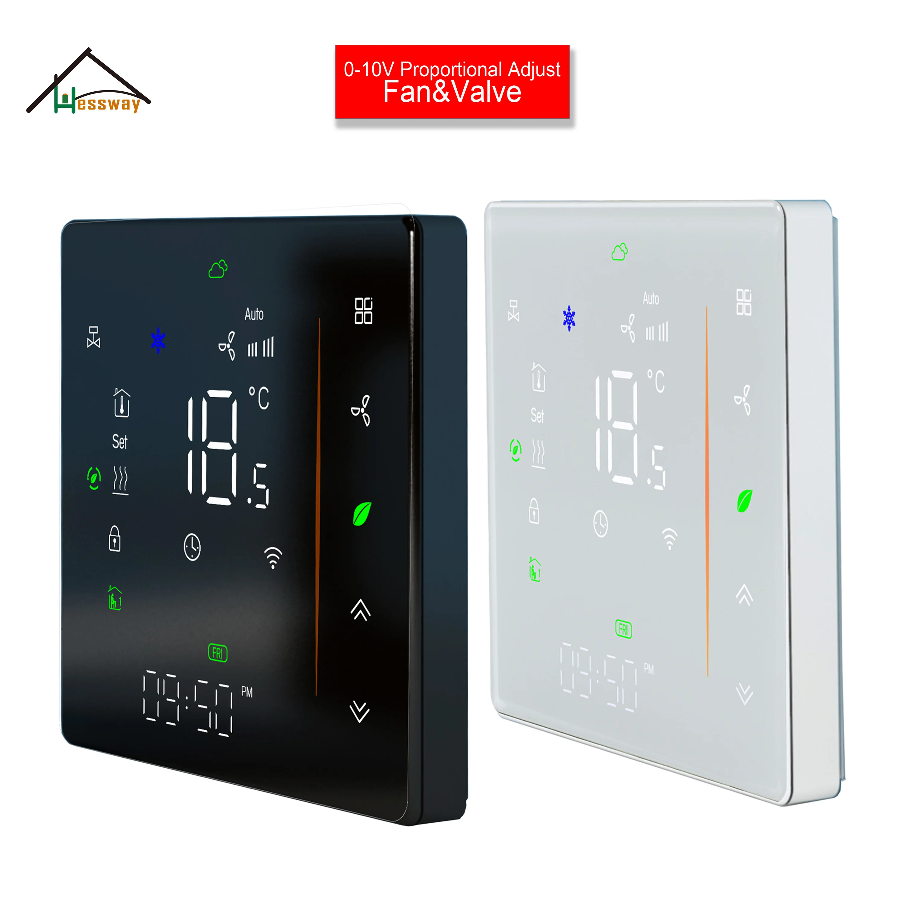 HESSWAY 3-Speed/0-10V Fan Modulating Thermostat ZIGBEE WIFI RS485 Communication Protocol Control 1/2-Valve Cool Heat Adjustment