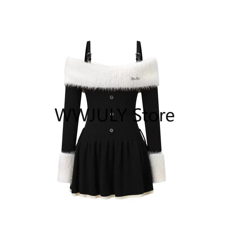 2023 Autumn Long Sleeve Elegant Y2k Mini Dress Woman Short Party Black Knitted Dress Slim Sexy One Piece Dress Korean Fashion