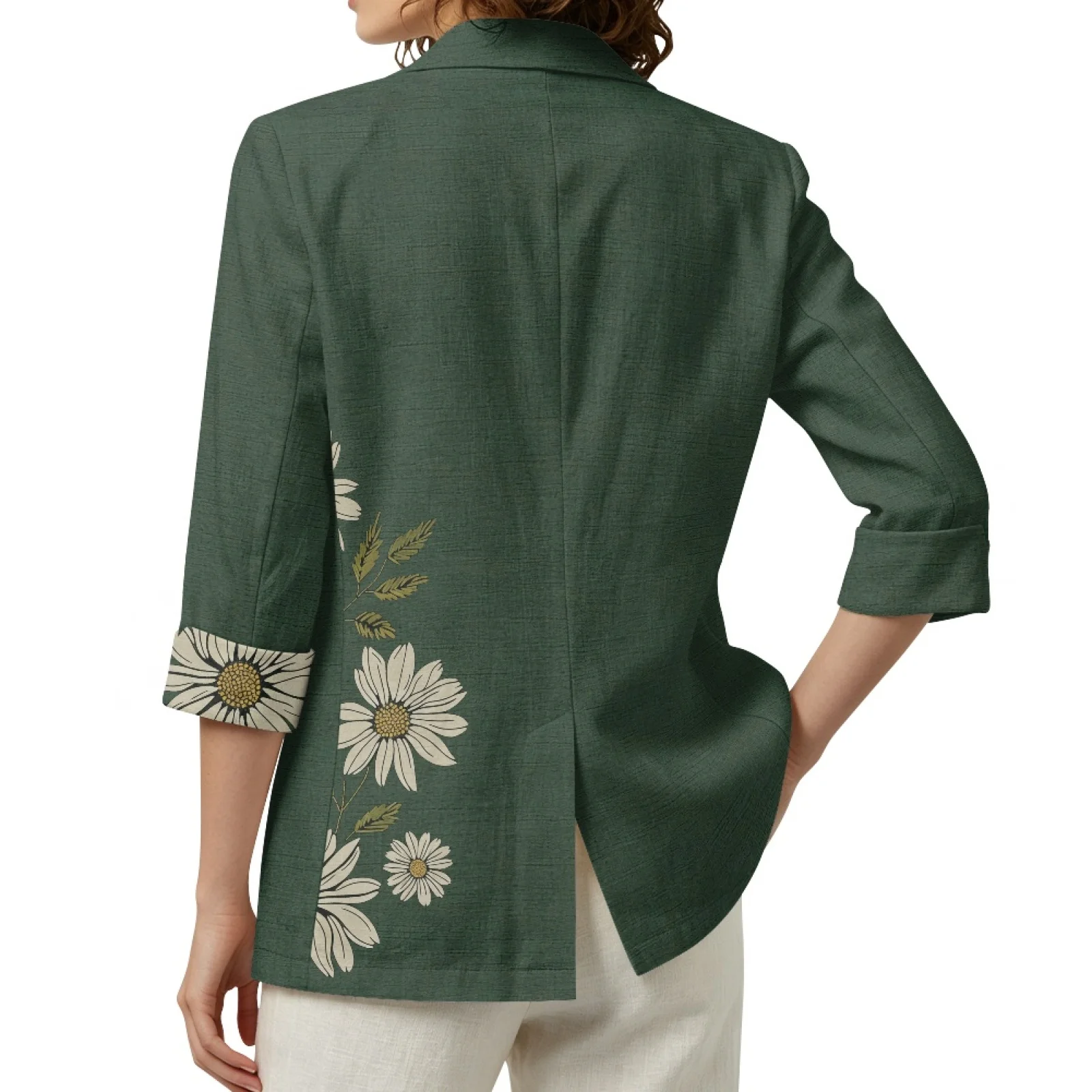 PENSTROLL Green Daisy Floral Linen Style Beach Cover Up for Work Loose Business Jacket Beach Coverups