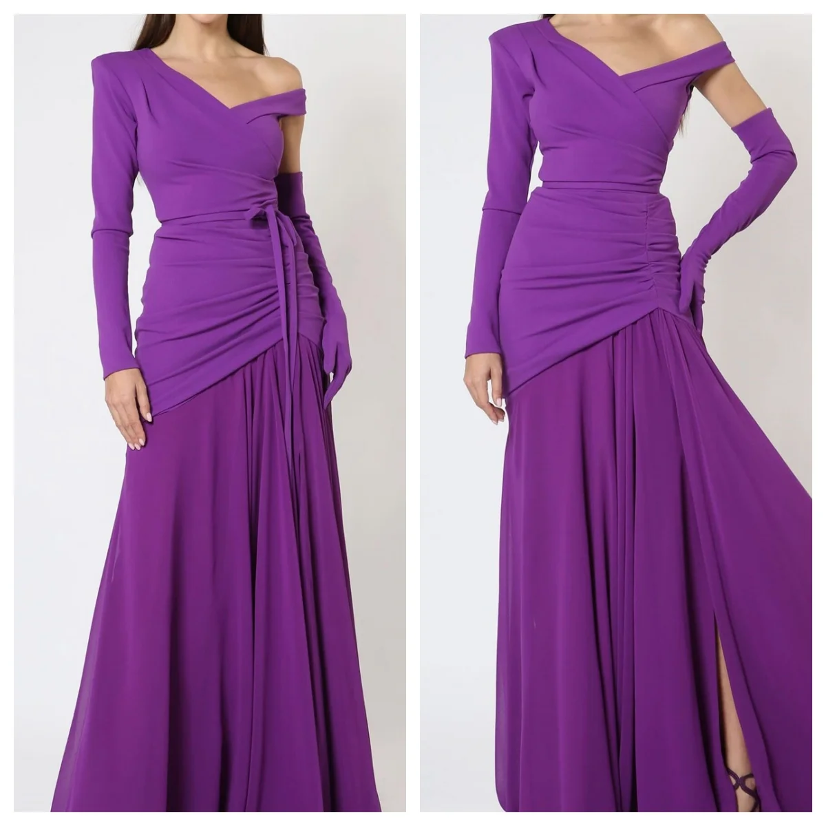 فستان سهرة مخصص برقبة على شكل حرف V مكشوف الكتفين وأكمام طويلة مستقيمة بطول الأرض فستان كوكتيل أرجواني بفتحة أمامية للحفلات الراقصة