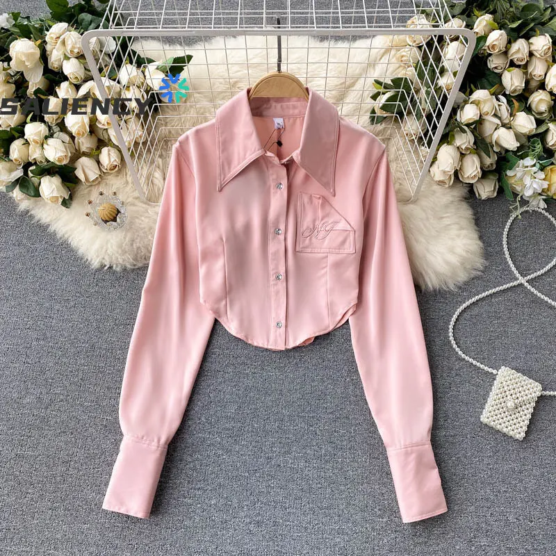 French Irregular Satin Shirt Women\'s Spring Autumn 2022 Chic Slim Long Sleeve Short Embroidered Cropped Navel Chiffon Top