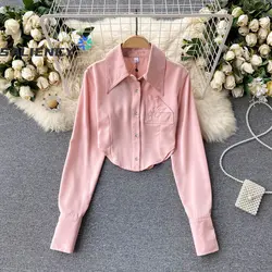 French Irregular Satin Shirt Women's Spring Autumn 2022 Chic Slim Long Sleeve Short Embroidered Cropped Navel Chiffon Top