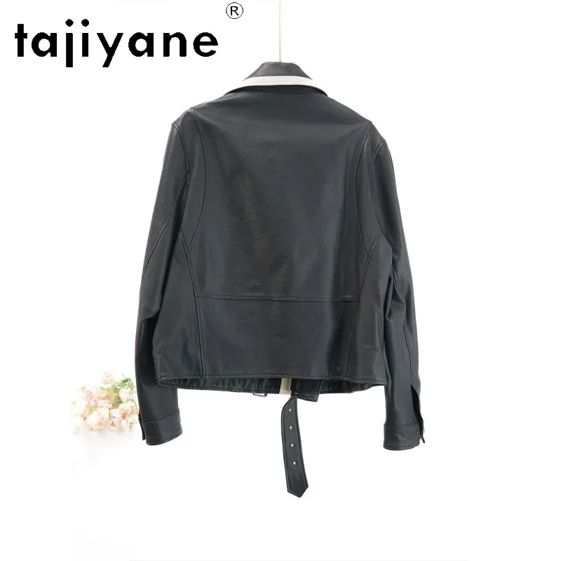 TAJIYANE Female Leather Jacket Vegetable Tanned Sheepskin Outerwear Genuine Leather Coat Contrast Lapel Biker Jackets for Woman