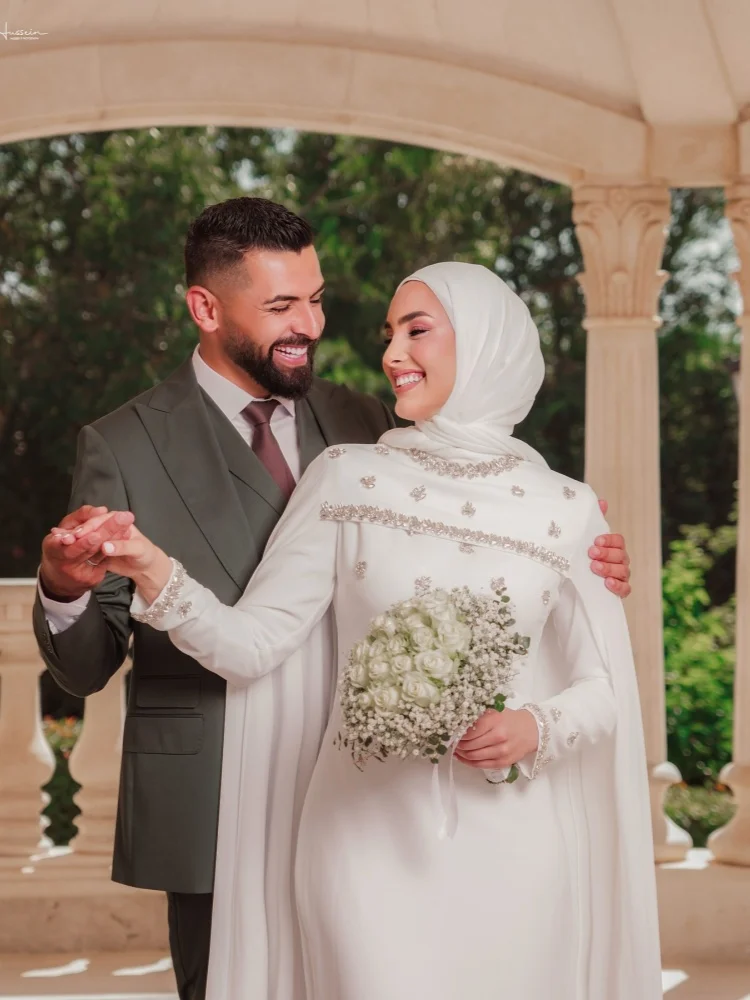 Custom Vestido De Novia Muslim Hijab Satin Wedding Dress Long Sleeve Rhinestone Cape Modest Bridal Gown With Matching Headscarf