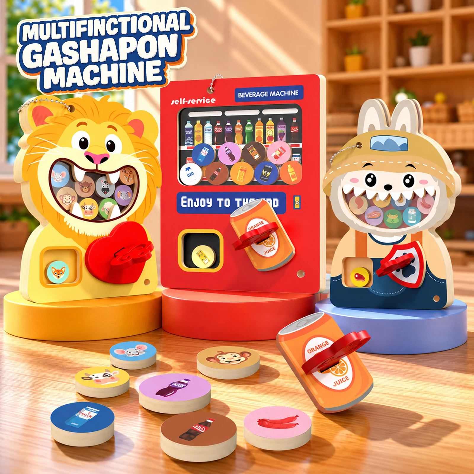 Wooden Multifunctional Gashapon Vending Machine Toy Cartoon Lion Rabbit Beverage Machine Play Set Kids Early Educational Game