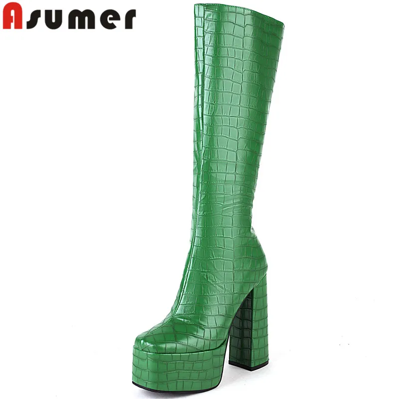 

ASUMER 2023 Plus Size 34-43 New Pu Knee High Boots Thick Super High Heels Winter Boots Woman Ladies Zipper Platform Shoes