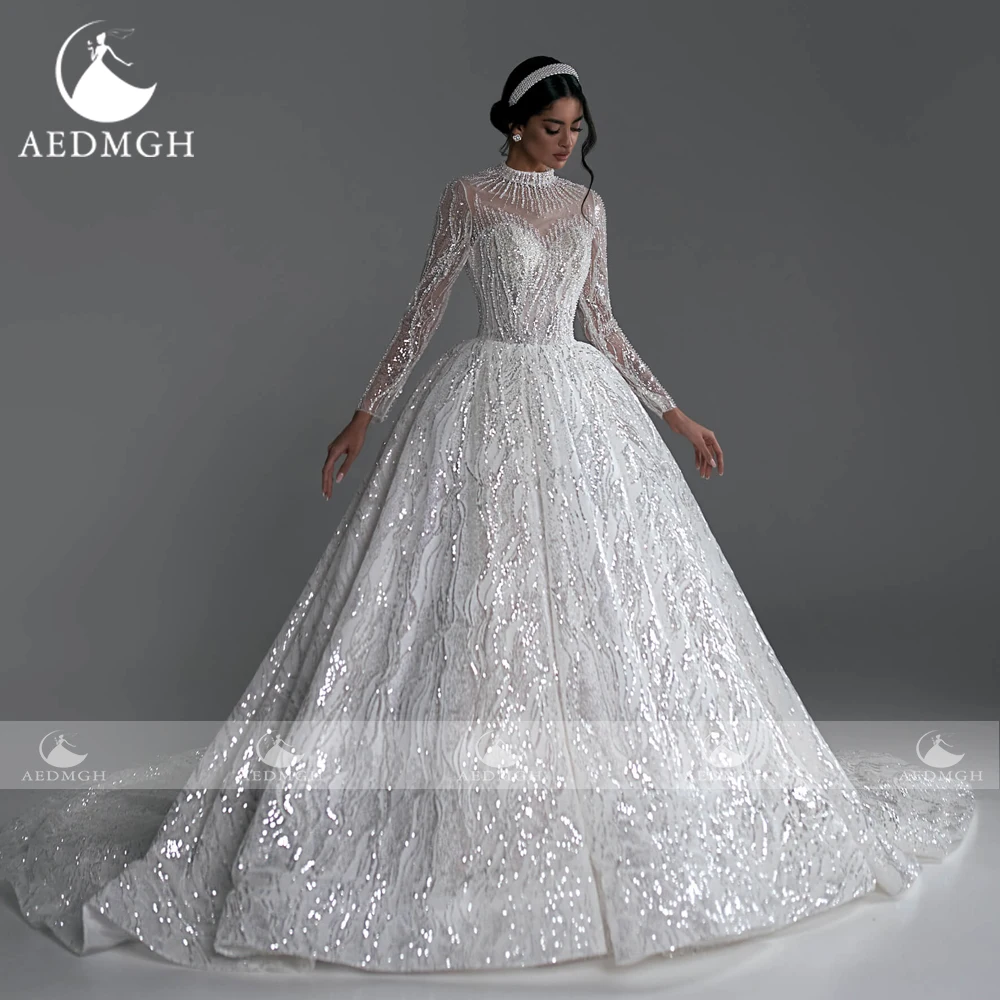 Aedmgh Ball Gown Gorgeous Wedding Dresses High Neck Long Sleeve Vestido De Novia Lace Sequined Shiny Custom Made Bridal Gown