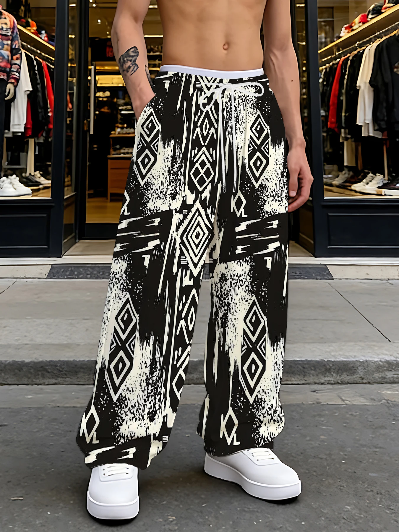 Men's Abstract Wave Print Casual Trousers