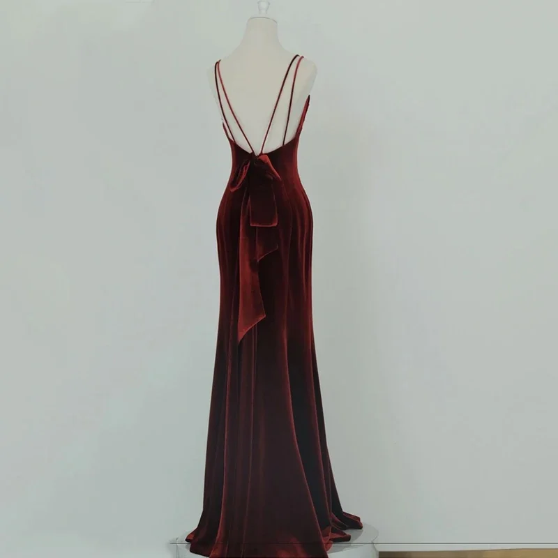 Evening Dress Burgundy Velvet Pleat Spaghetti Strap Sexy Backless Mermaid Floor Length Trumpet Plus size Women party Formal Gown