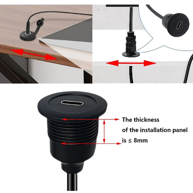 USB3.0 Type-C Male to Female Threaded Fixed Mount Cable Embedded Waterproof Round Converter, 5V/2A 5Gbps (0.3M/1Ft)