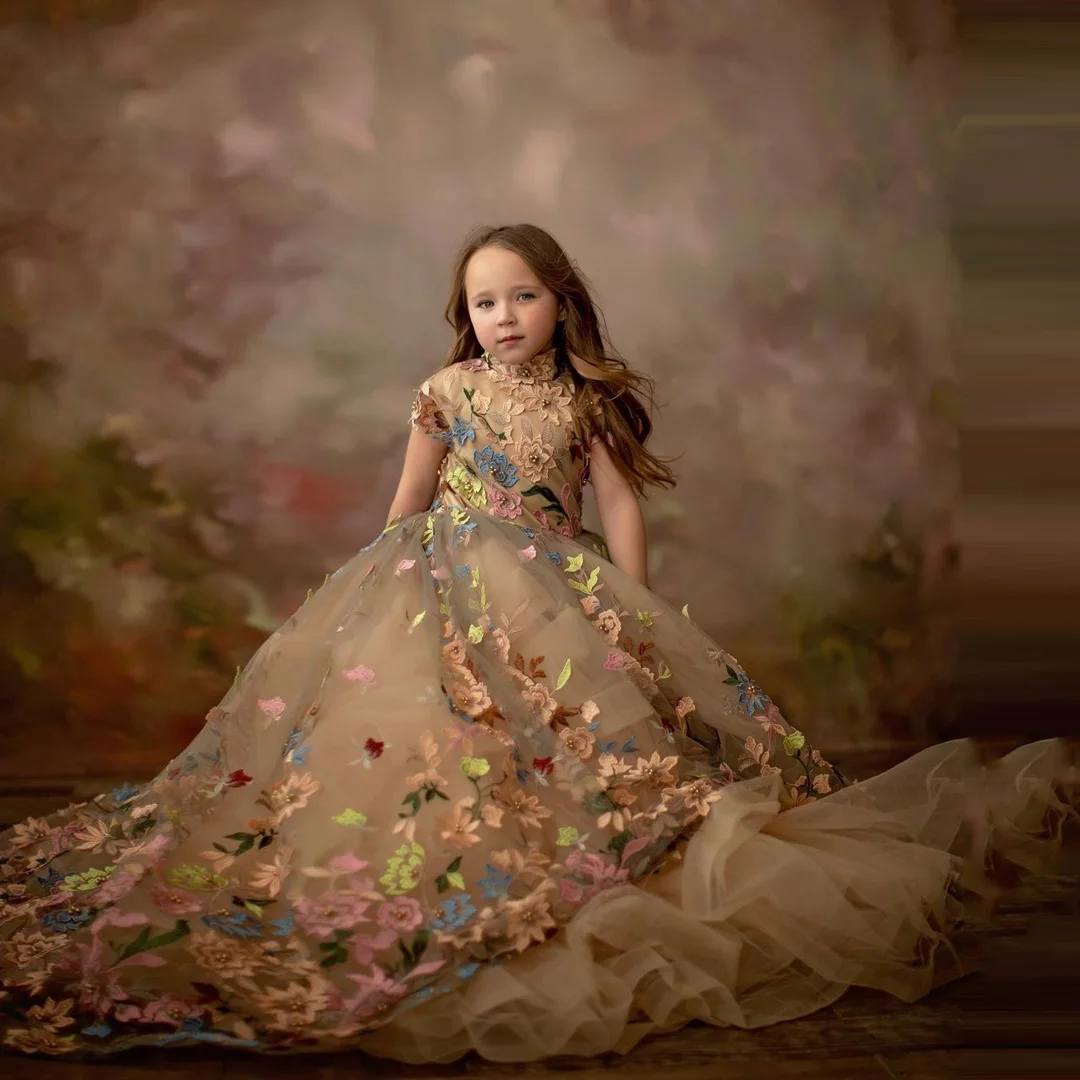 Princess Flower Girl Dress For Wedding Champagne Ball Gown Colorful Florals Lace Appliques Party Gown Kid Pageant Birthday Dress