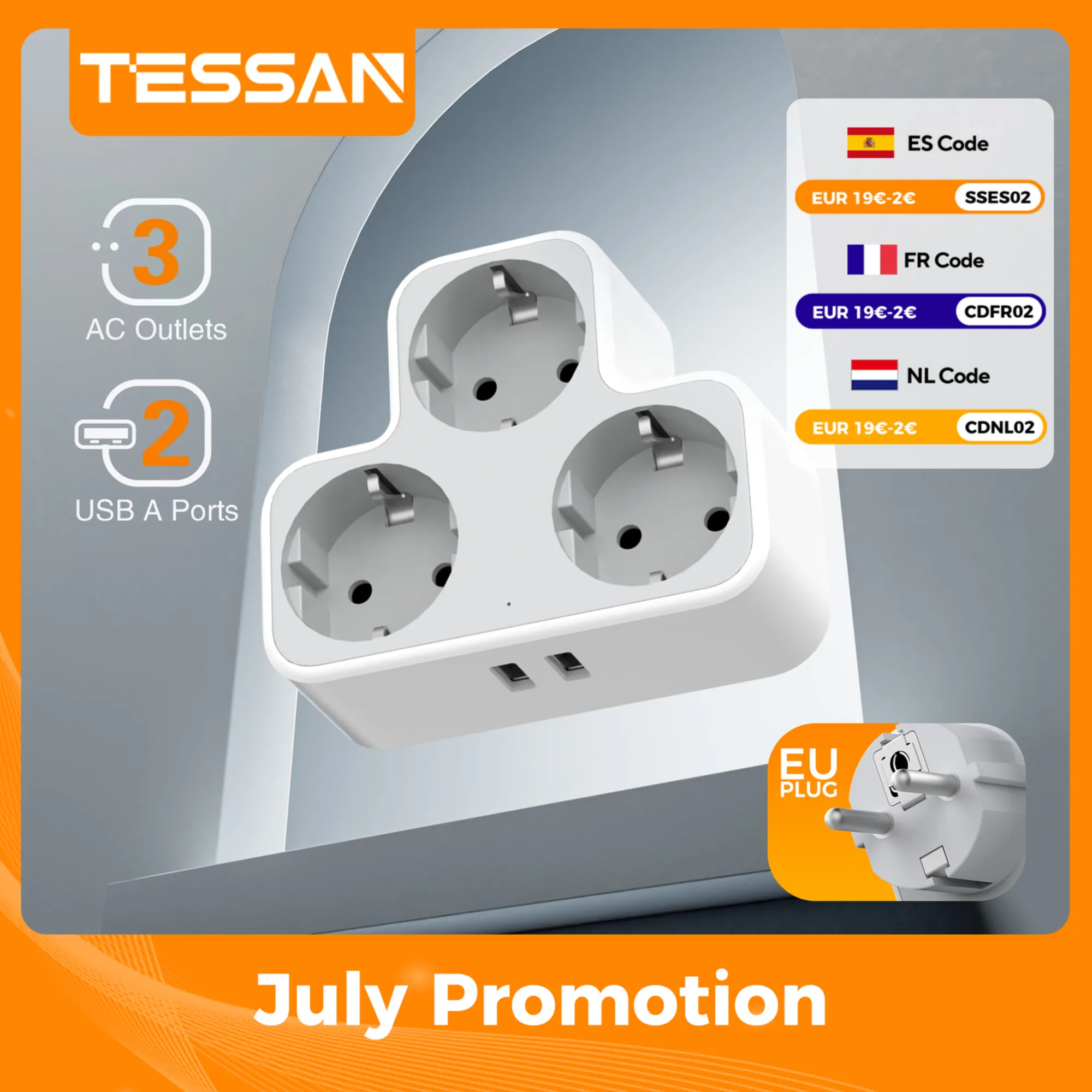 

TESSAN EU Multi Wall Outlet Power Strip Extender with USB Charging Ports Europe Korea Plug Electric Wall Socket Adapter for Home