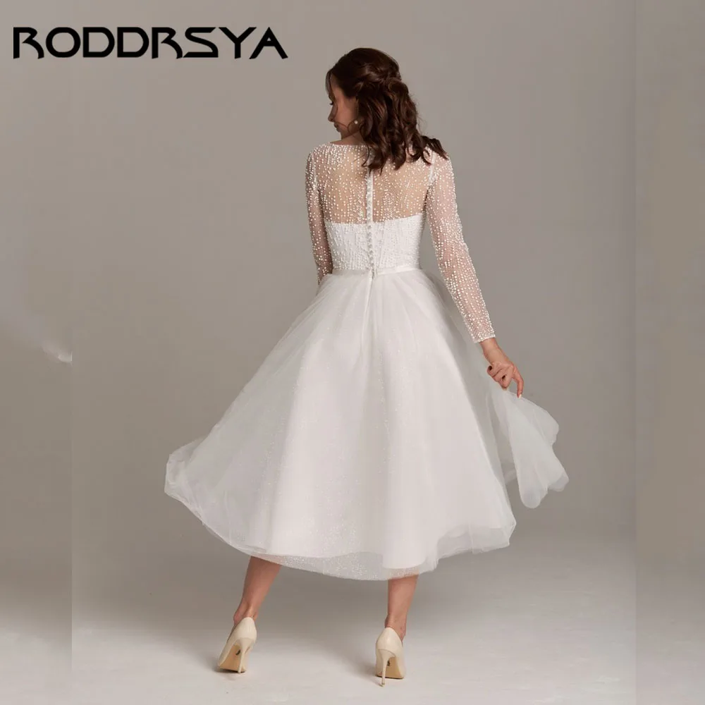 RODDRSYA A-Line Tulle bridal dresses Long Sleeve Backless Illusion Bridal Gowns Tea-Length Buttons vestidos de novia Customized