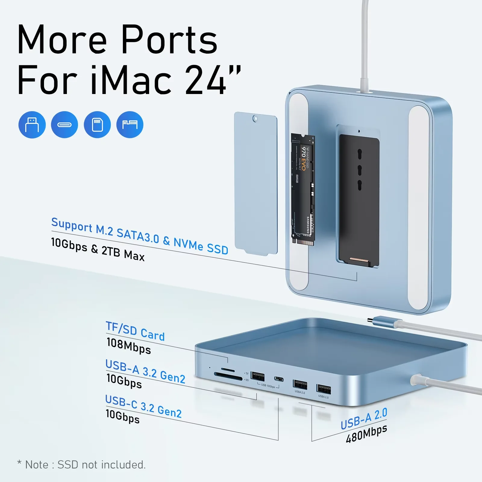 iMac 24 インチ 2021/2023 用 USB C ハブ、iMac M1/M3 用 7 in 1 iMac アクセサリ M.2 SSD をサポート (別売り)