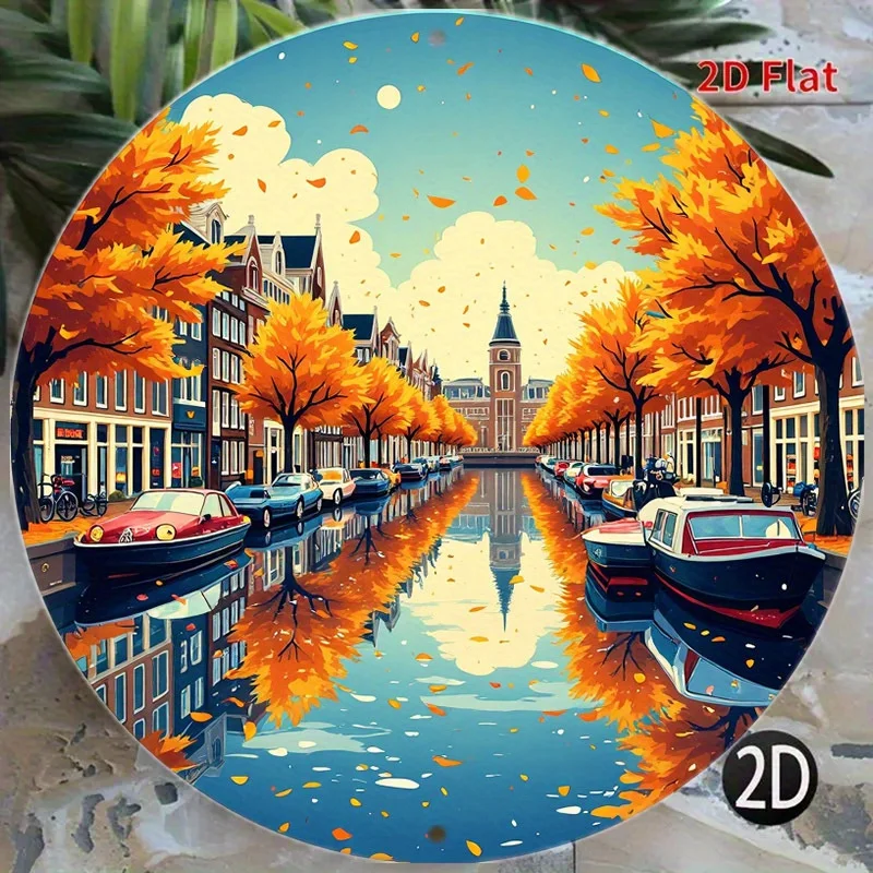 2D Flat - 1pc Amsterdam Style Dutch Canal Wall Art - 8-Inch Round Metal Amsterdam Dutch Landscape Painting with Colorful Trees,
