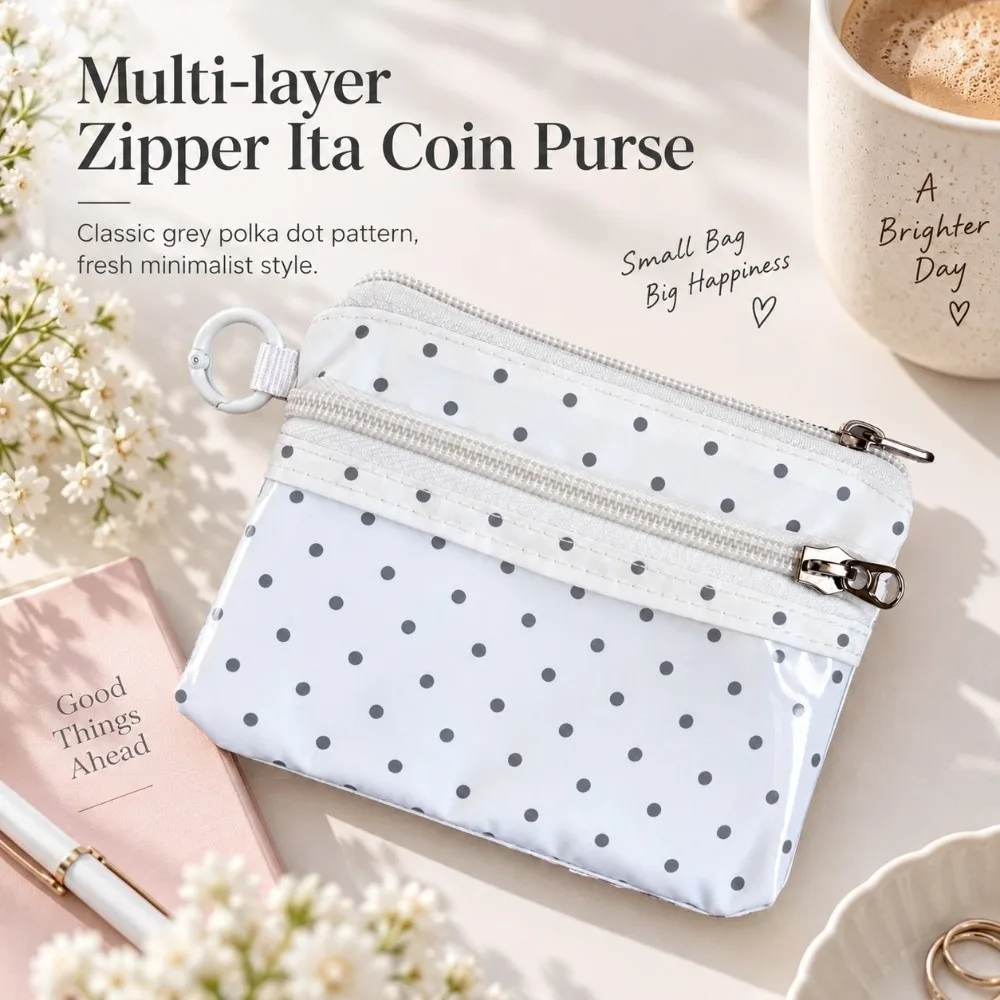 Grey Polka Dot Storage Pouch With PVC Window Large Capacity Card Holder Zipper Closure Multifunctional Coin Purse
