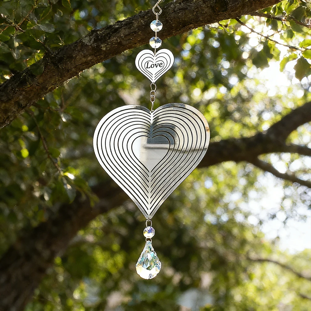 E9 Heart Wind Spinner Turn 3D Flowing-Light Effect Crystal Suncatcher Wind Chimes Sculptures Hanging Hook Window Garden Decor