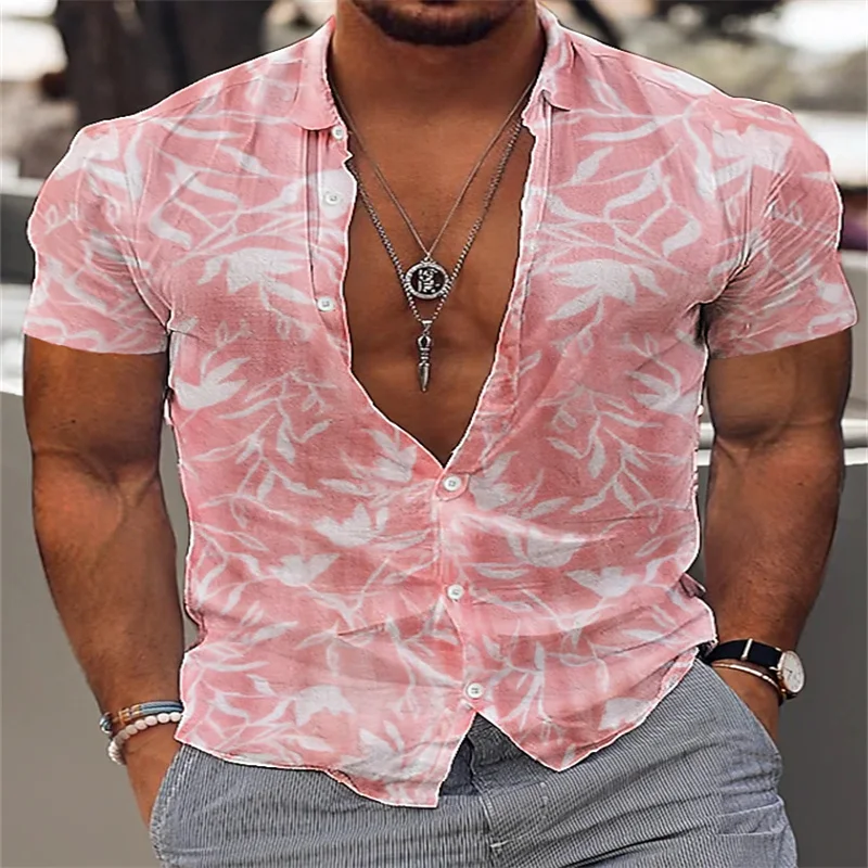 2023 fashion men's Hawaiian shirt shirt pink short sleeve oversized clothing shirt leisure seaside summer holiday shirt 5XL