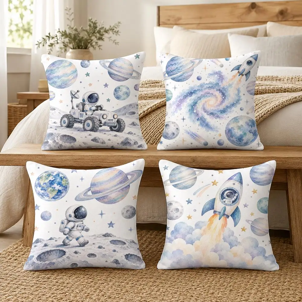 Cute Astronaut And Space Planet Cushion Cover Soft Short Plush Pillow Cases Hidden Zipper Cutecore Sofa Bedroom Home Decor Gift