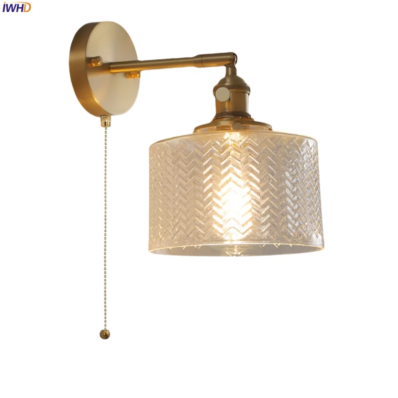 

IWHD Copper Glass LED Wall Lamps Indoor Bedroom Nordic Modern Pull Chain Bathroom Mirror Stair Lights Decoration Lampara Pared