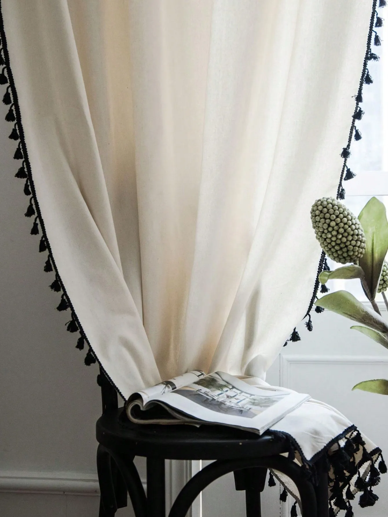 1pc Countryside Retro Black Fringed Lace Sheer Curtain Panel Rod Pocket for Bedroom Livingroom Anti Mosquito