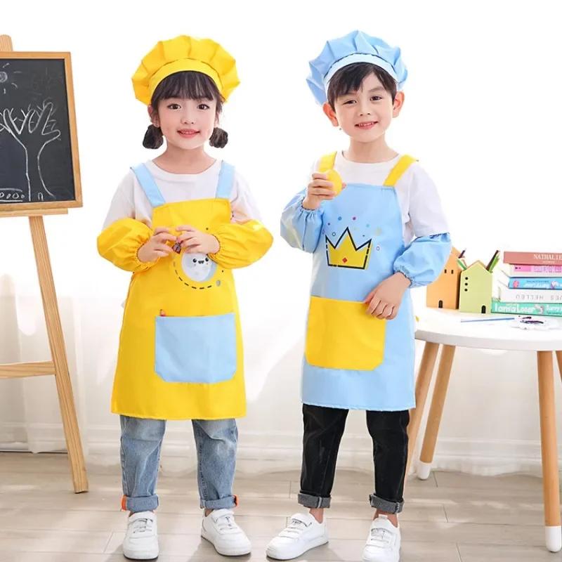 3pc Children Kitchen Apron Set Baking Kids Painting Apron Waterproof Art Cooking Bib Cartoon Drawing Smock Front Pocket