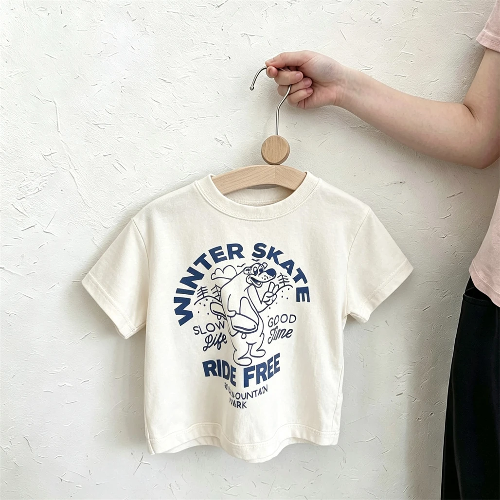 Printing Tshirt Summer Clothes Short-sleeved Tops Lovely Tees Children Loose Fashion Clothes Solid Color Versatile Base Shirt