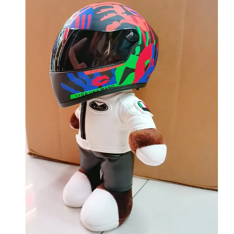 Pequena motocicleta couro urso capacete, brinquedos de pelúcia, capacete completo, acessórios de moto, decoração tensão, cauda caixa ornamento