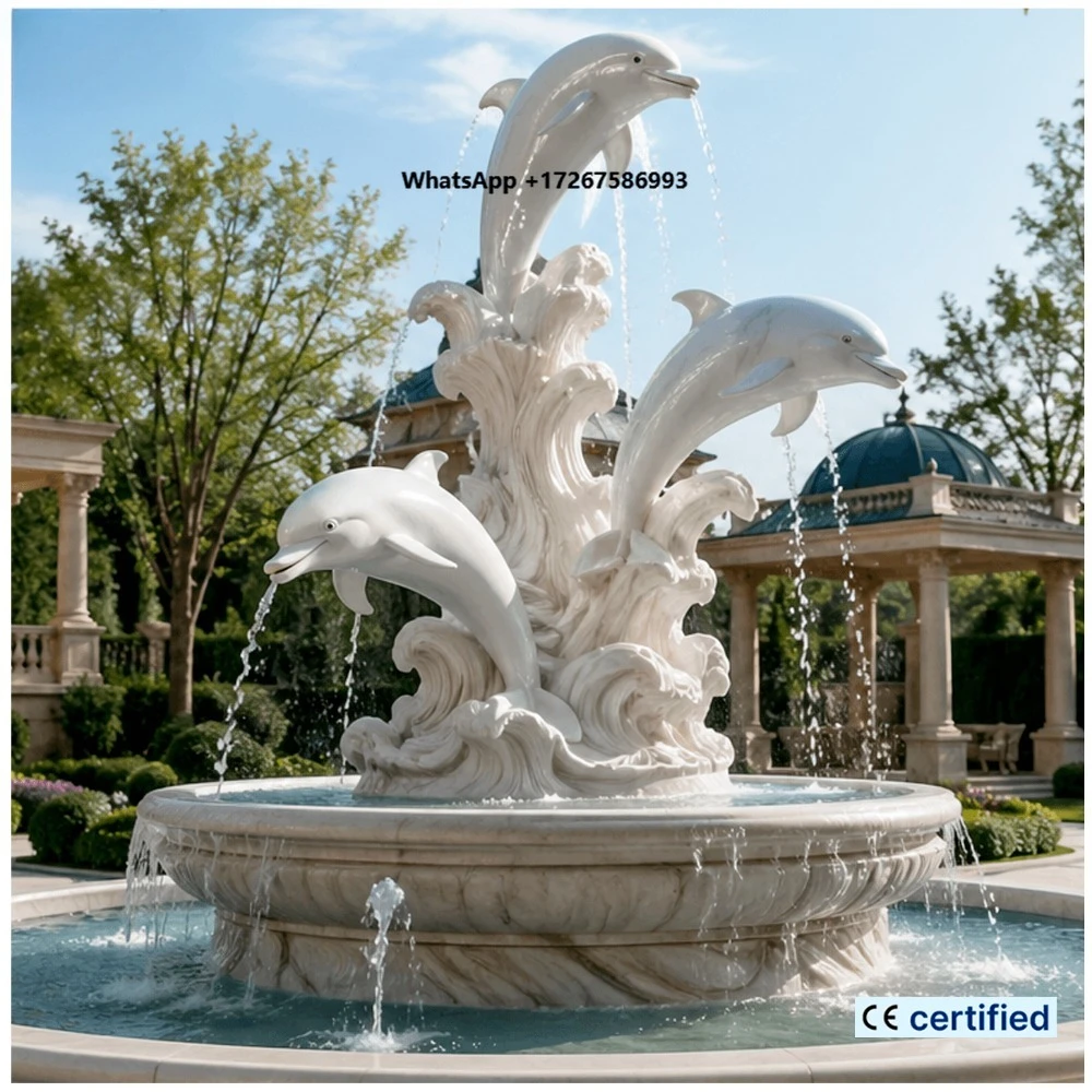 BSA Custom Size Marble Dolphin Fountain Sculpture, Stone Dolphin Fountain for Manors & Parks