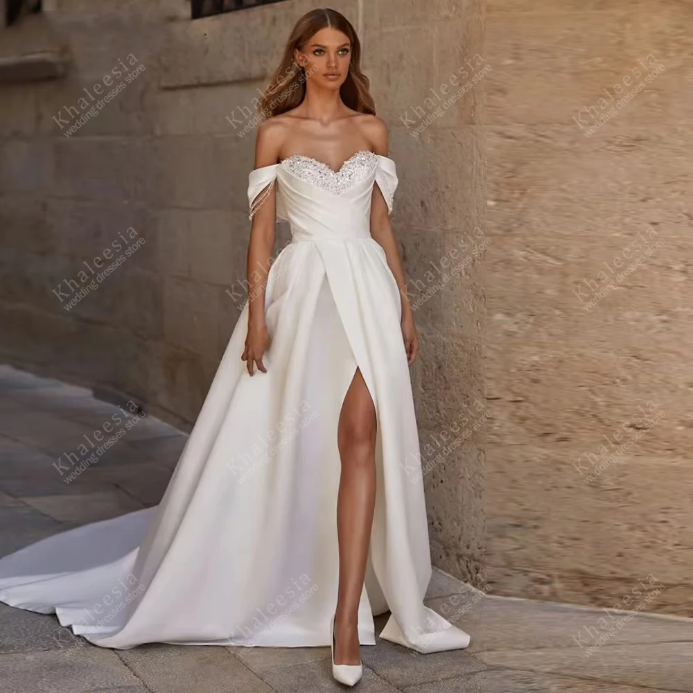 

Elegant Satin Wedding Dresses Vintage Bridal Gowns Lace Appliques Off The Shoulder Robes Charming Vestidos De Novia Customized