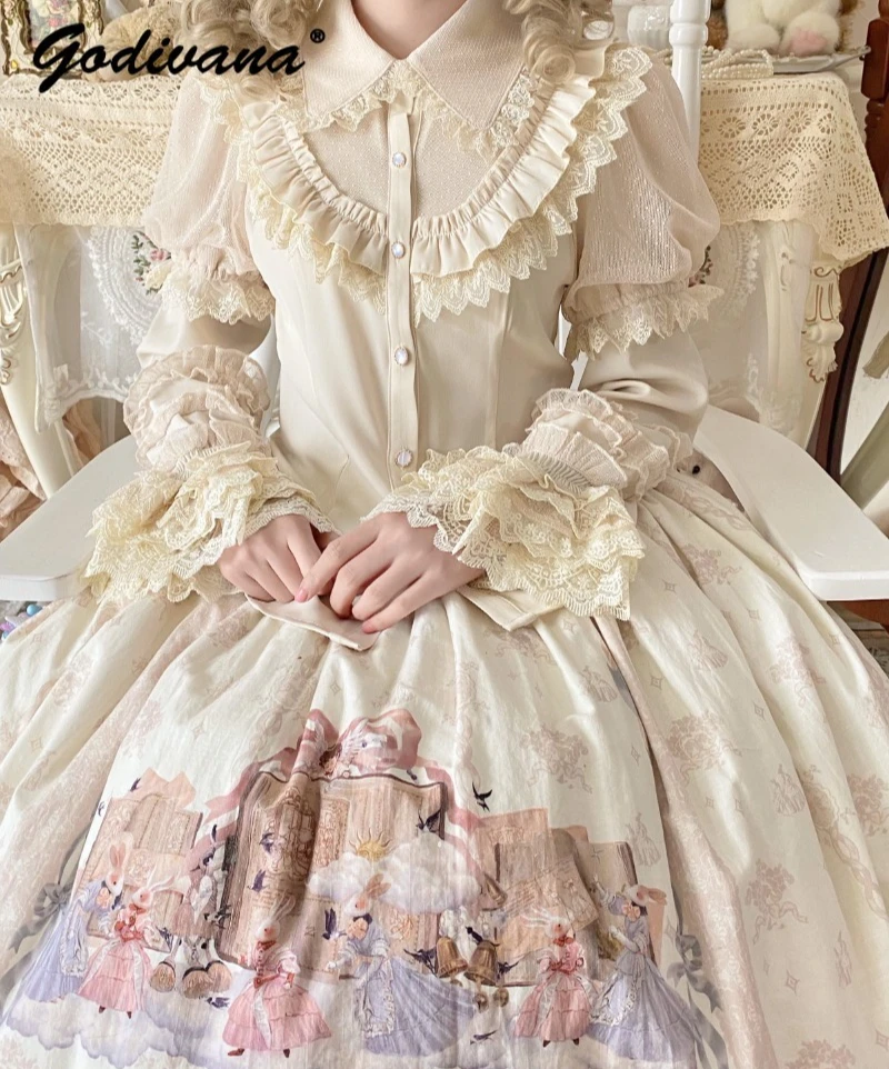 

Original New Spring Solid Color Women's Lace Splicing Detachable Long-sleeved Shirt Slim Girls Sweet Lolita Blouses Tops