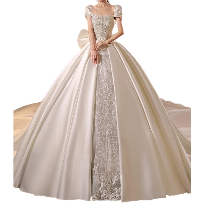 Ashely Alsa Elegant Saudi Arabic Wedding Dresses With Detachable Sleeve Beading Applique Satin Ball Bride Bridal Gown Vestidos