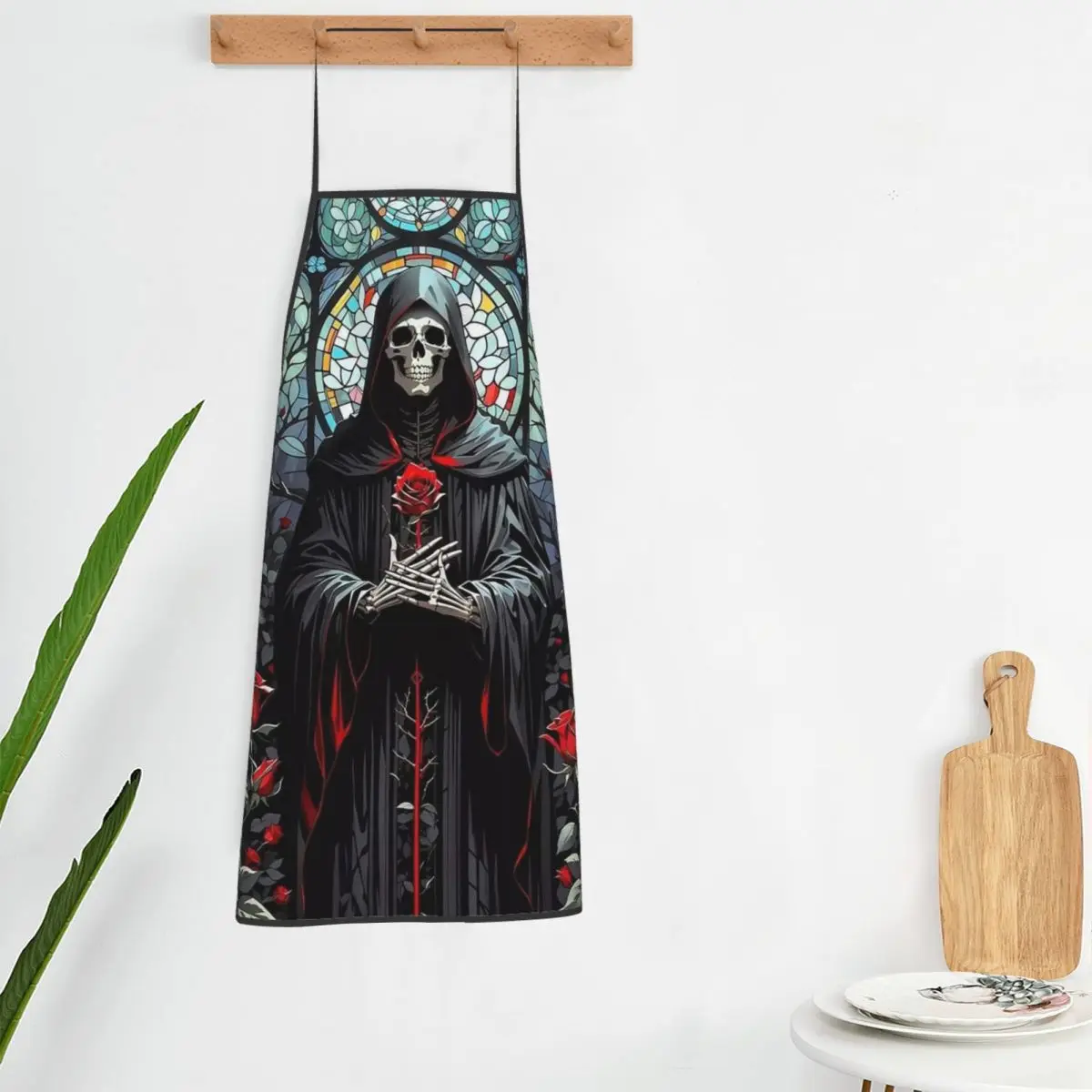 Horror Death Skull Rose Grim Reaper Apron Chef Cooking Tablier Waterproof Bib Kitchen Cleaning Pinafore for Women Men Gardening