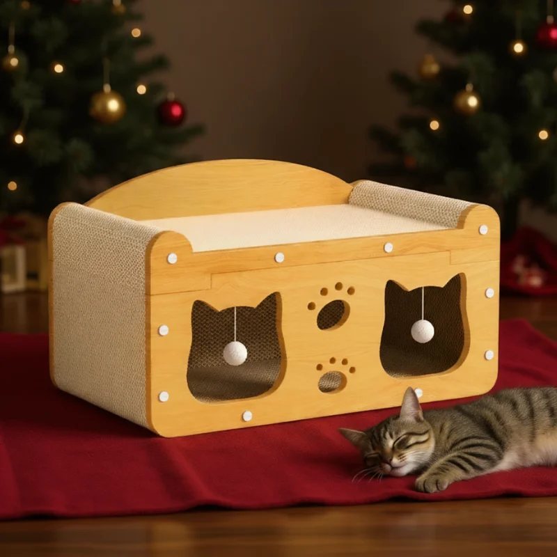 בית חתולים גדול עם משטחי גירוד וכדורי משחק