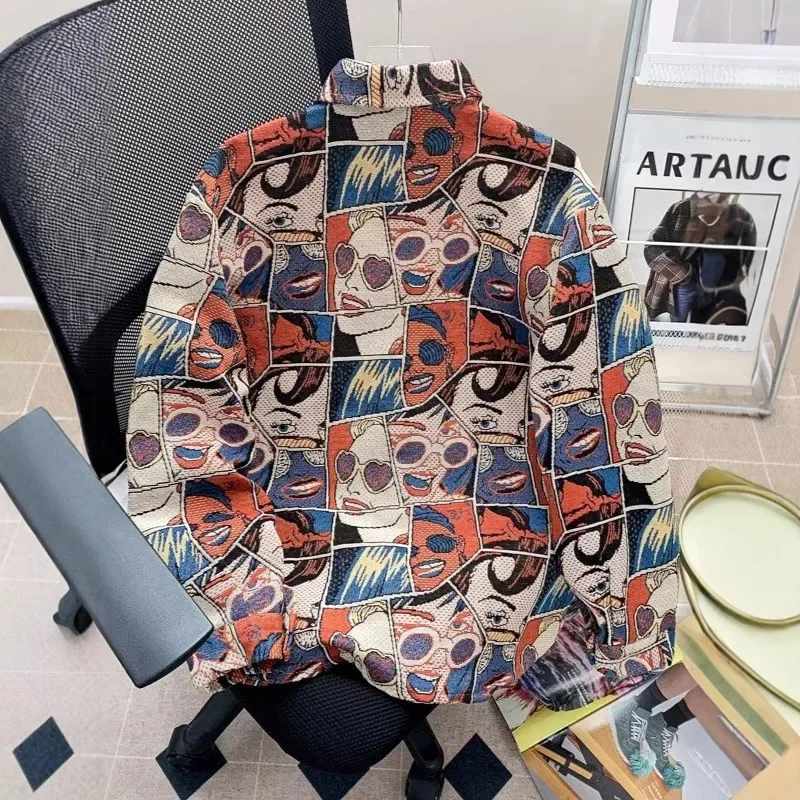 Autumn Spring New Fashion Vintage Men's Casual Trendy Printed Turn-down Collar Long Sleeve Single-breasted Shirts Cargo Coats