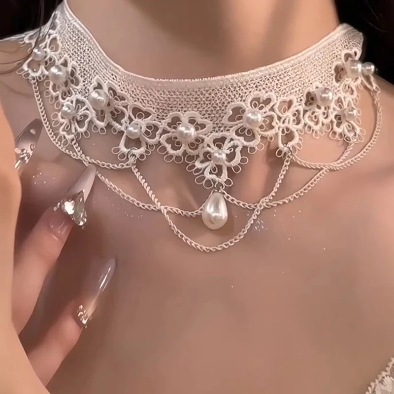 Imitation Pearl White Lace Choker Necklaces Bridal Jewelry Women Wedding tattoo Tassel Punk Style Lace Pendant Choker Necklace