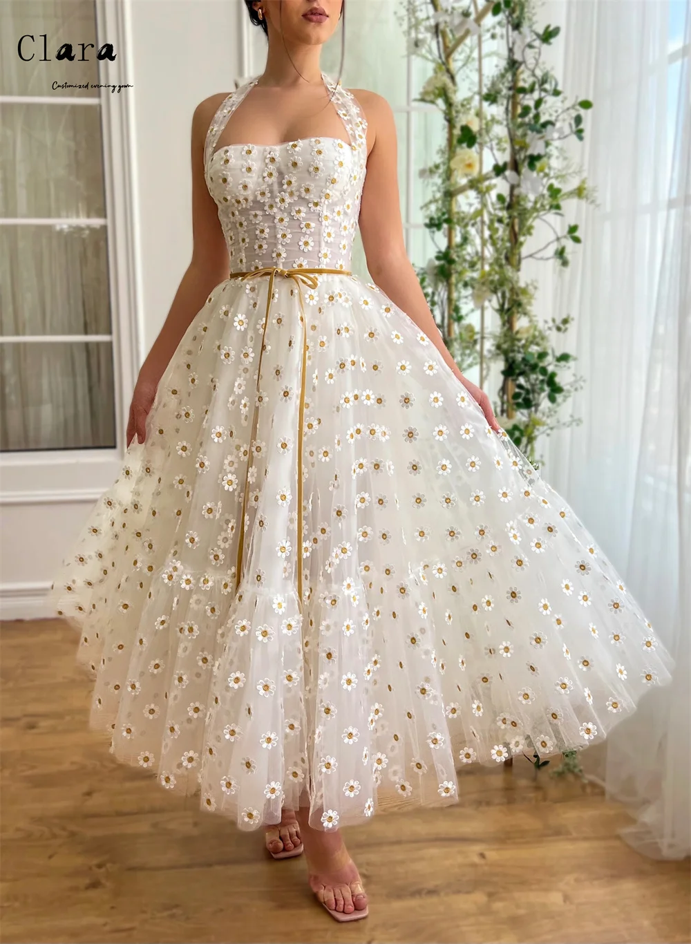 Clara Aangepaste witte bloem off-shoulder A-lijn galajurken Luxe 2025, avondjurken Bruiloft luxe feestjurk Elegant