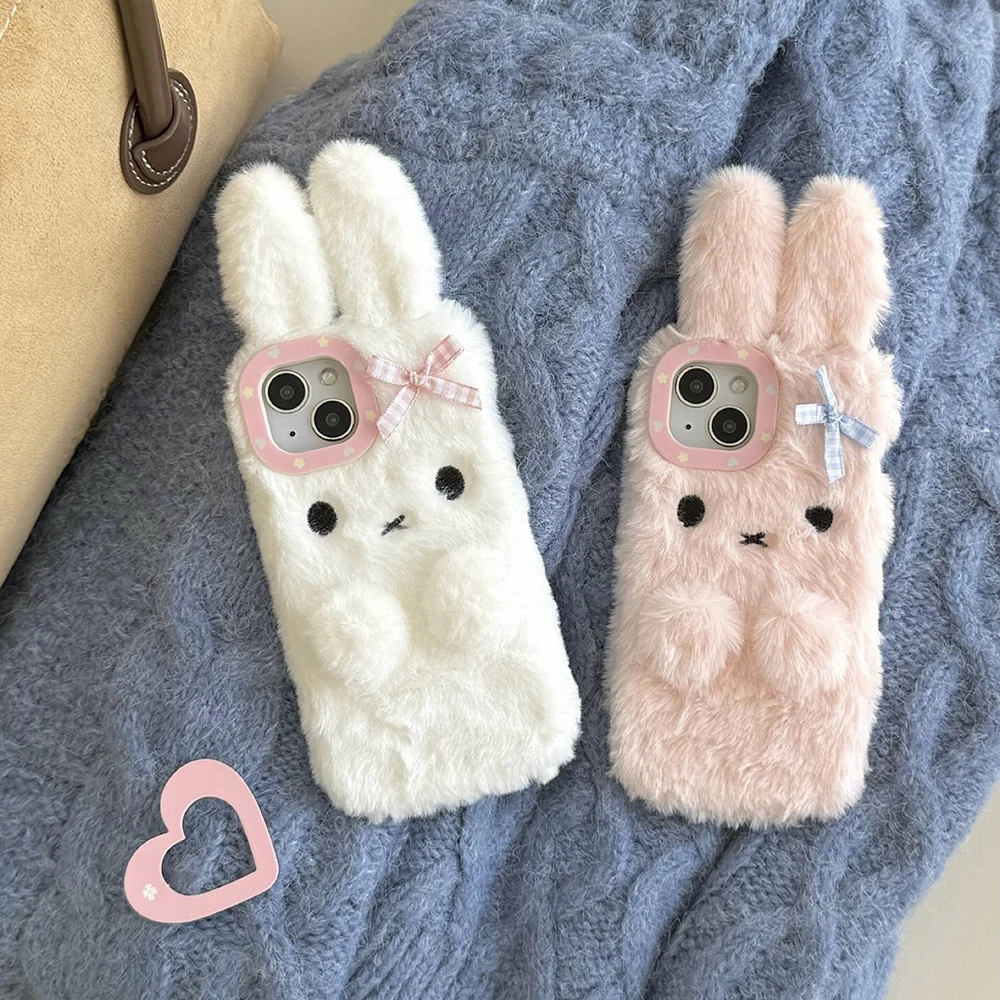 3D Kawaii Bow Bunny Cartoon Plush Stereo Phone Case for IPhone 16 15 14 13 12 11 Pro Max Drop-resistant Back Cover Girl Gift