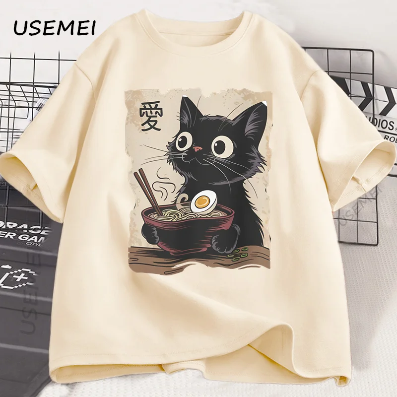 Funny Cat Ramen T-shirt Graphic Tee Japanese Kawaii Anime Cat Graphic T Shirts Men Women Casual Short Sleeve Cotton Tee Shirt image 2